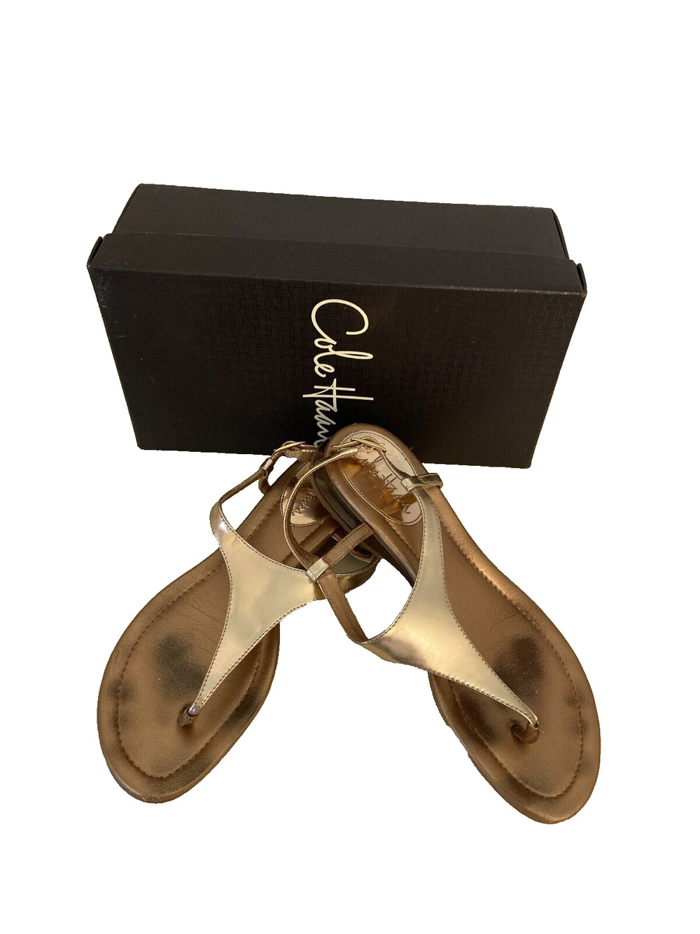 Cole Haan women's 6.5 thong sandal Gold Metalic strappy strap In box